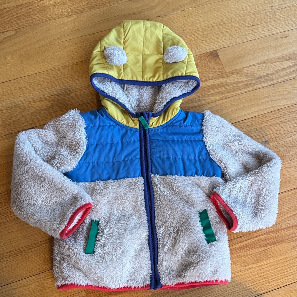 Mini Boden Blue and Yellow Hooded Jacket with Pom Poms